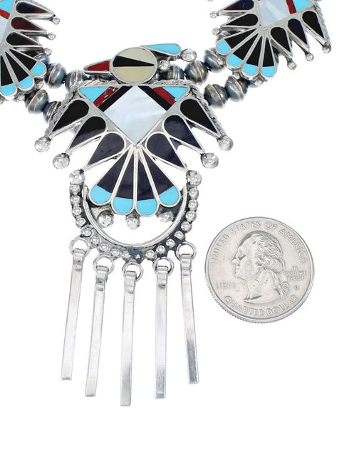 Zuni Sterling Silver Multicolor Thunderbird Necklace And Earrings Set AX127536