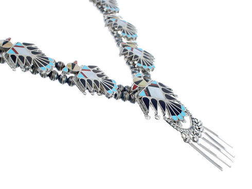 Zuni Sterling Silver Multicolor Thunderbird Necklace And Earrings Set AX127536