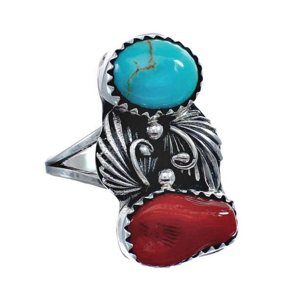 Authentic Sterling Silver Navajo Turquoise Coral Leaf Design Ring Size 6-1/2 AX127771