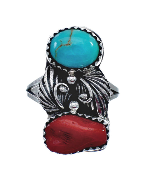 Authentic Sterling Silver Navajo Turquoise Coral Leaf Design Ring Size 6-1/2 AX127771