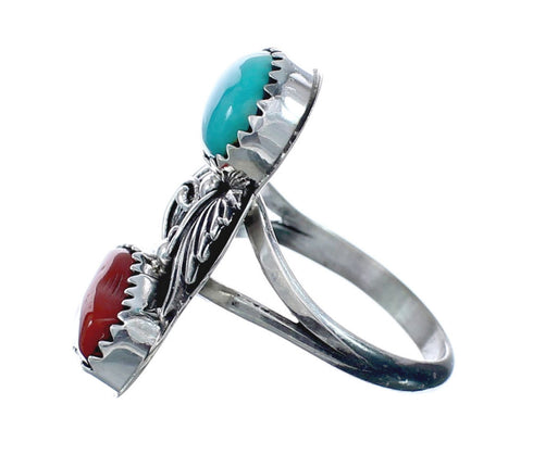 Authentic Sterling Silver Navajo Turquoise Coral Leaf Design Ring Size 6-1/2 AX127771