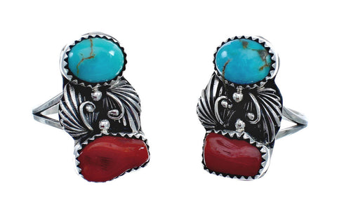 Authentic Sterling Silver Navajo Turquoise Coral Leaf Design Ring Size 6-1/2 AX127771
