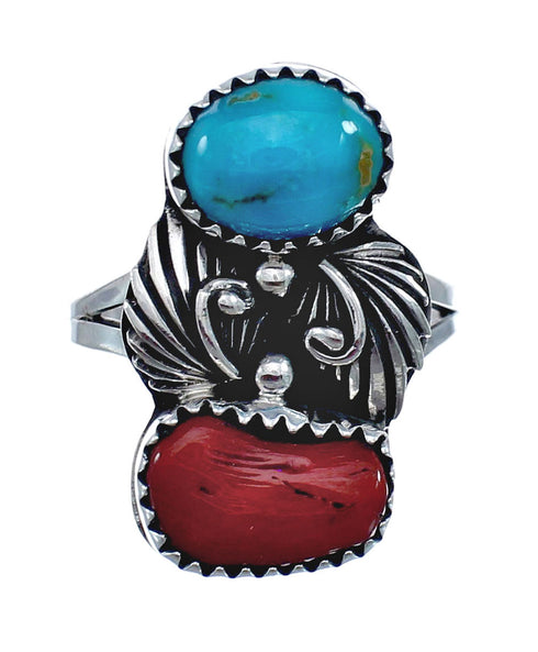 Authentic Sterling Silver Navajo Turquoise Coral Leaf Design Ring Size 8-1/4 AX127790