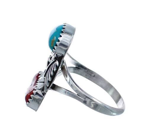 Authentic Sterling Silver Navajo Turquoise Coral Leaf Design Ring Size 8-1/4 AX127790