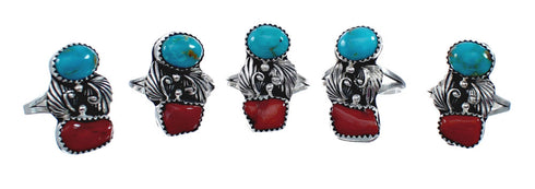 Authentic Sterling Silver Navajo Turquoise Coral Leaf Design Ring Size 8-1/4 AX127790