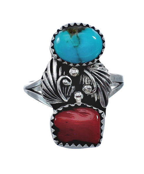 Authentic Sterling Silver Navajo Turquoise Coral Leaf Design Ring Size 9 AX127794