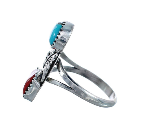 Authentic Sterling Silver Navajo Turquoise Coral Leaf Design Ring Size 9 AX127794