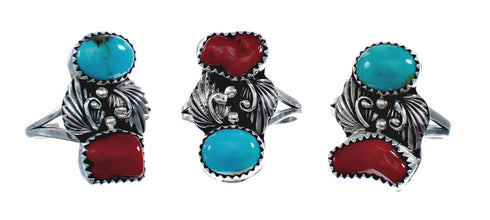 Authentic Sterling Silver Navajo Turquoise Coral Leaf Design Ring Size 9 AX127794