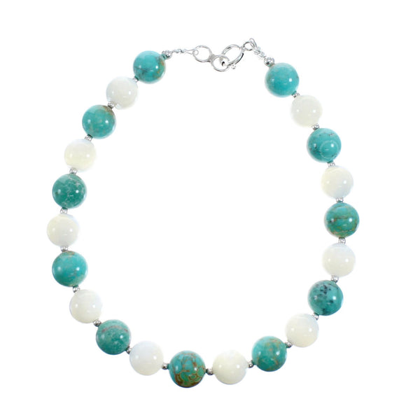 Turquoise And Mother of Pearl Navajo Sterling Silver Bead Bracelet AX128009