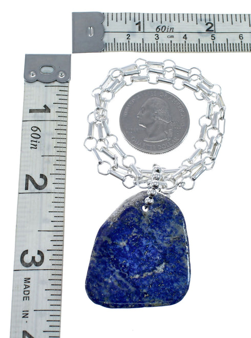 Native American Sterling Silver Lapis Link Chain Necklace Pendant Set AX128042