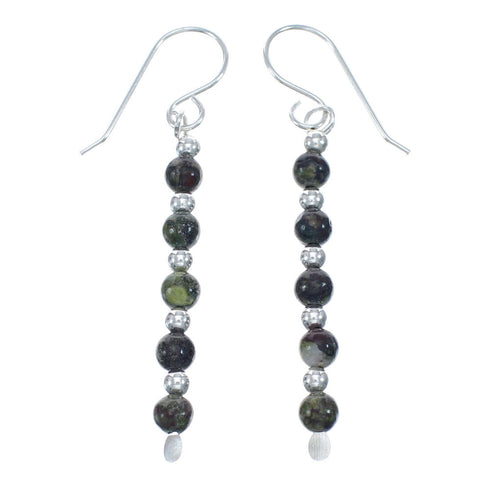 Native American Unakite Sterling Silver Bead Hook Dangle Earrings AX128075