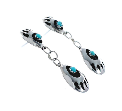 Native American Turquoise Sterling Silver Bear Paw Post Dangle Earrings AX128176
