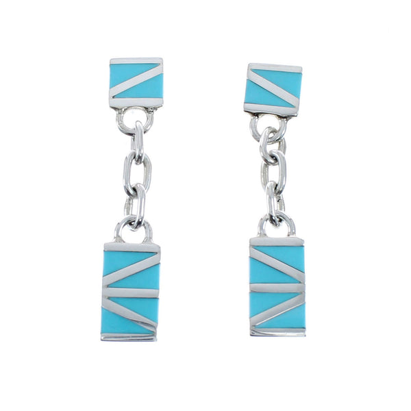 Native American Zuni Sterling Silver Turquoise Inlay Post Dangle Earrings JX128440