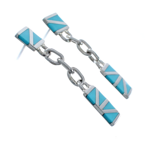 Native American Zuni Sterling Silver Turquoise Inlay Post Dangle Earrings JX128440