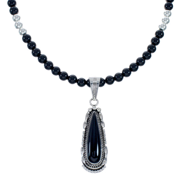 Sterling Silver Navajo Onyx Bead Necklace AX128216