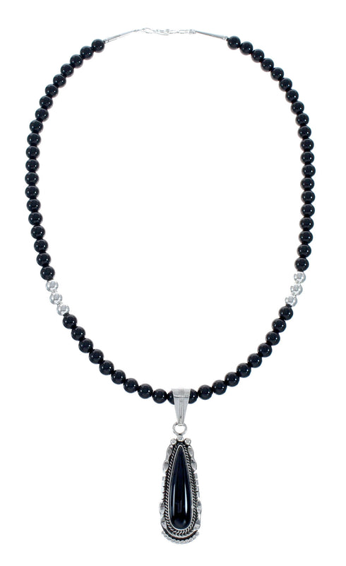 Sterling Silver Navajo Onyx Bead Necklace AX128216