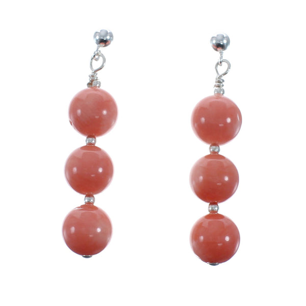 Sterling Silver Navajo Pink Coral Bead Post Dangle Earrings AX128197
