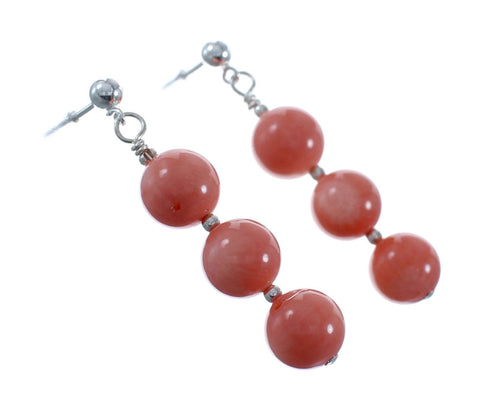 Sterling Silver Navajo Pink Coral Bead Post Dangle Earrings AX128197
