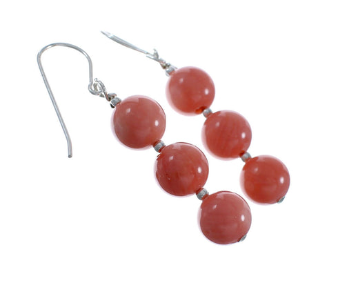 Native American Pink Coral Sterling Silver Bead Hook Dangle Earrings AX128198
