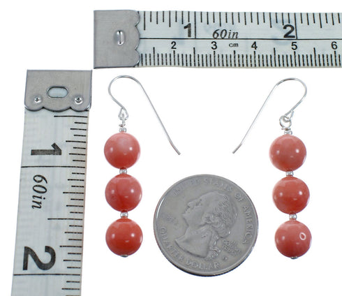 Native American Pink Coral Sterling Silver Bead Hook Dangle Earrings AX128198