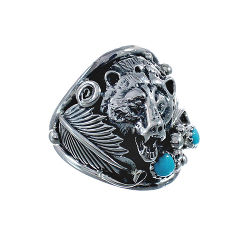 Authentic Sterling Silver Bear Turquoise Navajo Ring Size 12-1/4 AX128287
