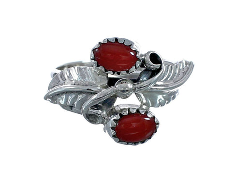 Navajo Coral Authentic Sterling Silver Leaf Ring Size 7-3/4 AX128268