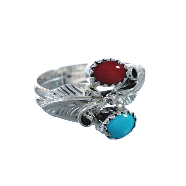 Sterling Silver Leaf Navajo Turquoise And Coral Ring Size 6-1/4 AX128322