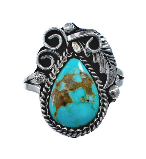 Turquoise Sterling Silver Navajo Leaf Ring Size 8-1/4 AX128369