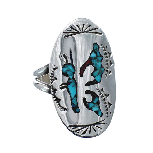 Sterling Silver Coral Turquoise Inlay Navajo Ring Size 6-1/4 AX128393
