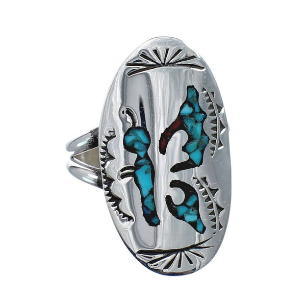 Sterling Silver Coral Turquoise Inlay Navajo Ring Size 6-1/4 AX128393