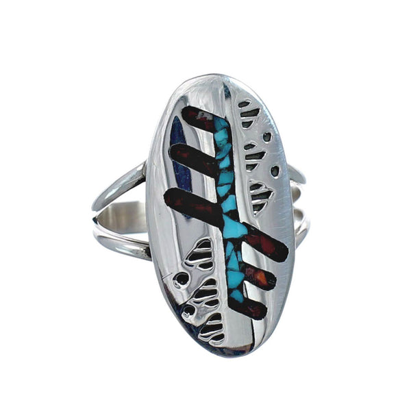 Sterling Silver Coral Turquoise Inlay Navajo Ring Size 8 AX128406