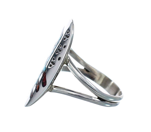 Sterling Silver Coral Turquoise Inlay Navajo Ring Size 8 AX128406
