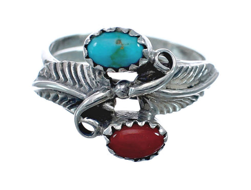 Native American Coral And Turquoise Silver Leaf Ring Size 6 AX128722