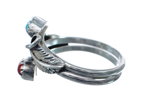 Native American Coral And Turquoise Silver Leaf Ring Size 6 AX128722