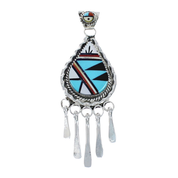 Native American Zuni Multicolor Sterling Silver Sun Tear Drop Pendant AX128790