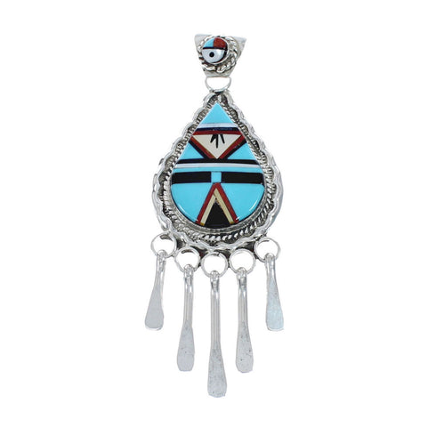 Native American Zuni Multicolor Sterling Silver Sun Tear Drop Pendant AX128793