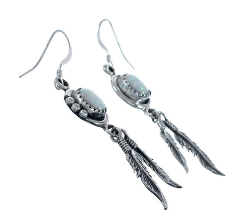 Feather Opal Sterling Silver Native American Hook Dangle Earrings AX129152