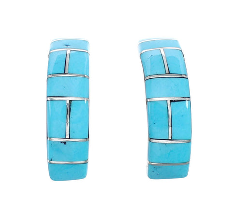 Zuni Sterling Silver Turquoise Inlay Post Hoop Earrings JX128927