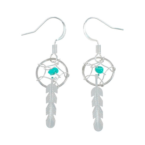 Turquoise Sterling Silver Navajo Dream Catcher Feather Hook Dangle Earrings NX11509