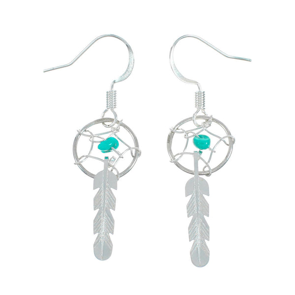 Turquoise Sterling Silver Navajo Dream Catcher Feather Hook Dangle Earrings NX11509