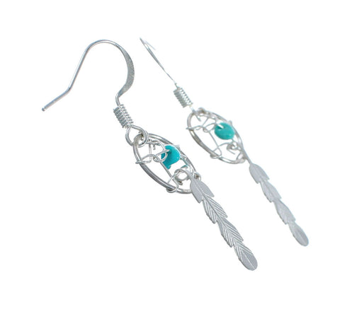 Turquoise Sterling Silver Navajo Dream Catcher Feather Hook Dangle Earrings NX11509
