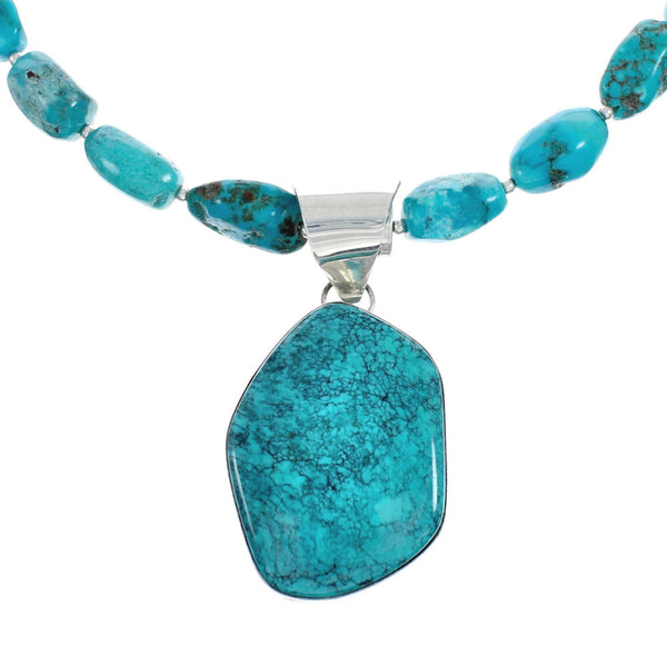 Sterling Silver Turquoise Native American Bead Necklace Pendant Set JX129241