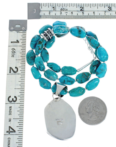 Sterling Silver Turquoise Native American Bead Necklace Pendant Set JX129241