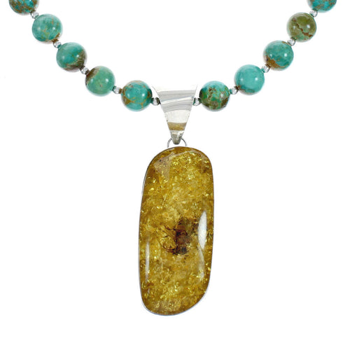 Native American Turquoise and Amber Bead Sterling Silver Necklace JX129245