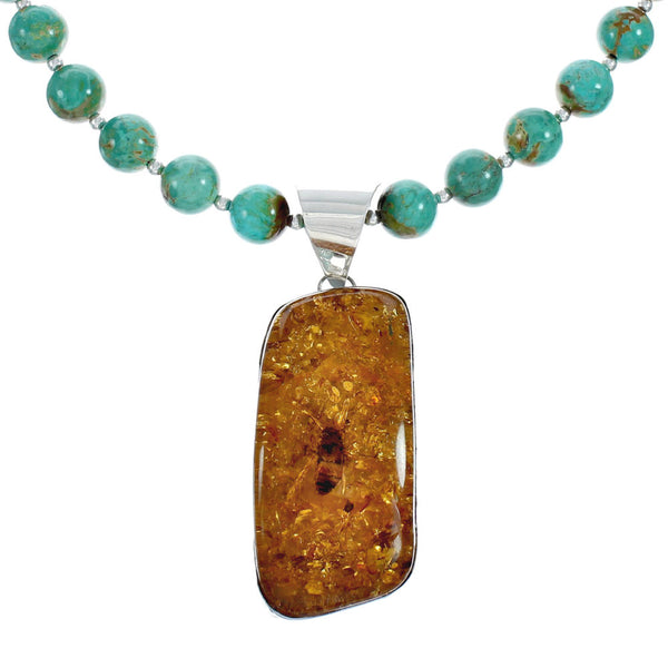Native American Turquoise and Amber Bead Sterling Silver Necklace JX129246
