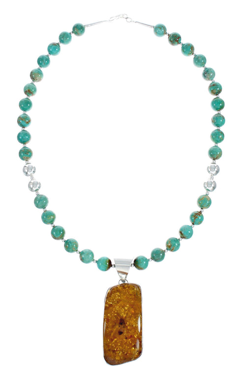Native American Turquoise and Amber Bead Sterling Silver Necklace JX129246