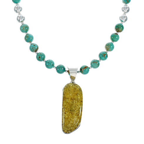 Native American Turquoise and Amber Bead Sterling Silver Necklace JX129247