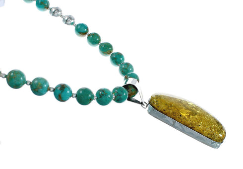 Native American Turquoise and Amber Bead Sterling Silver Necklace JX129247