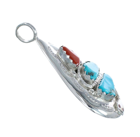 Native American Zuni Turquoise Coral Sterling Silver Snake Pendant AX129374