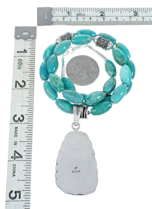 Native American Sterling Silver Turquoise Pendant Bead Necklace Set AX129441
